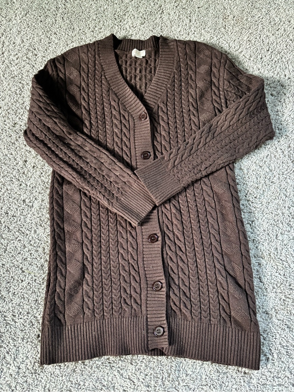 brown sweater dress w buttons all the way down the front